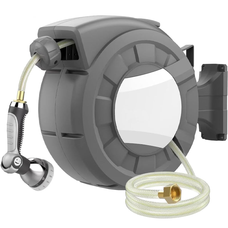 BowLift | 100' x 1/2" Retractable Garden Hose Reel with 10-Pattern Nozzle 180° Swivel Wall-Mounted Hose Reel