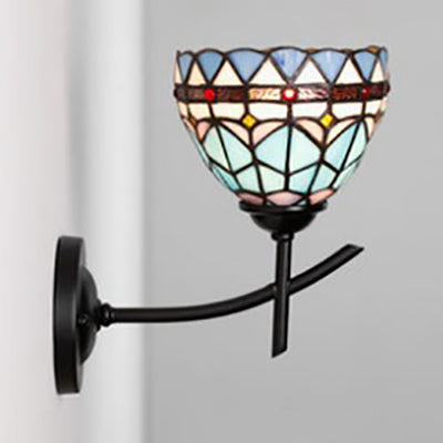 BowLift | Arc/curved arm wall lamp with cut glass shade 1 light Tiffany wall-mounted lamp in white/blue/clear for bedroom