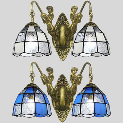 BowLift | Tiffany Dome Wall Lamp 2 Heads White/Blue Glass Sconces Light for Corridor