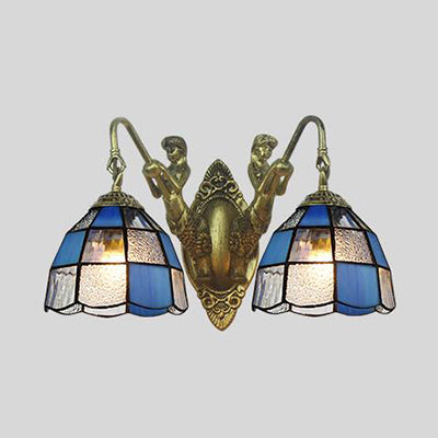BowLift | Tiffany Dome Wall Lamp 2 Heads White/Blue Glass Sconces Light for Corridor