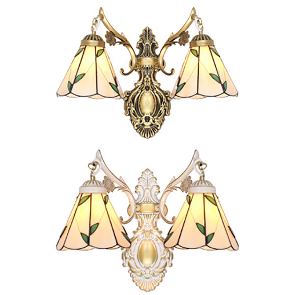 BowLift | Leaf Wall Lighting Vintage Traditional Stained Glass 2 Heads Wall Mount Light in White/Antique Brass for Bedroom