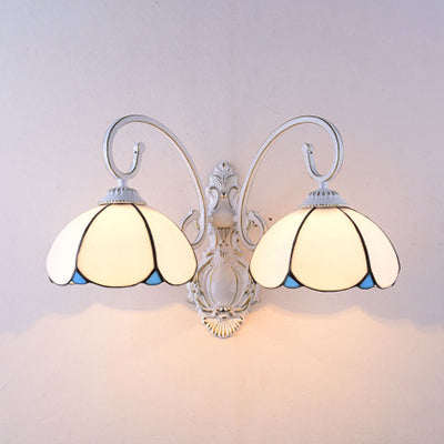 BowLift | Feathered Glass Wall Lamp with White Curved Arm 2 Lights Traditional Wall Lamp in White/Clear/Blue/Beige