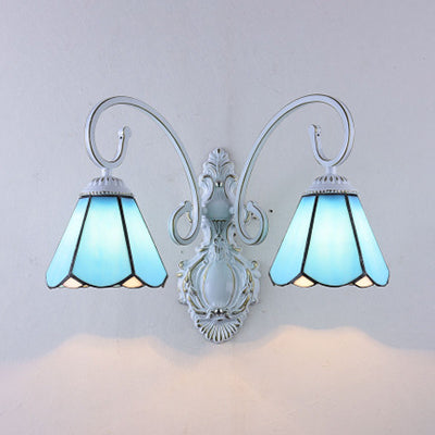 BowLift | Vintage Retro Cone Wall Lighting Varnished Glass 2 Connectors Wall Lamp Fixture in White/Blue for Bedroom