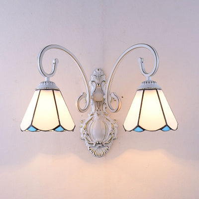 BowLift | Vintage Retro Cone Wall Lighting Varnished Glass 2 Connectors Wall Lamp Fixture in White/Blue for Bedroom