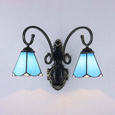 BowLift | Tiffany Style Cone Wall Mount Light Polished Glass 2 Lights Wall Lighting in White/Blue for Hallway