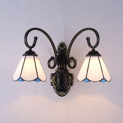 BowLift | Tiffany Style Cone Wall Mount Light Polished Glass 2 Lights Wall Lighting in White/Blue for Hallway