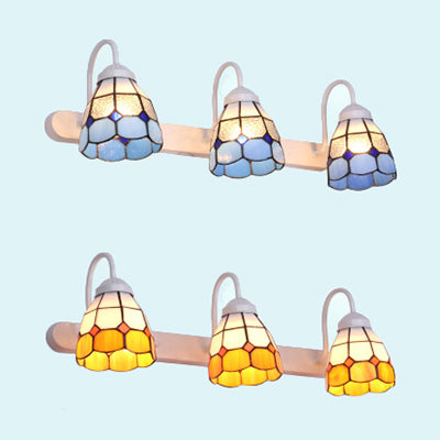 BowLift | White 3 Heads Wall Light Tiffany Yellow/Blue Glass Frame Pattern Vanity Lighting
