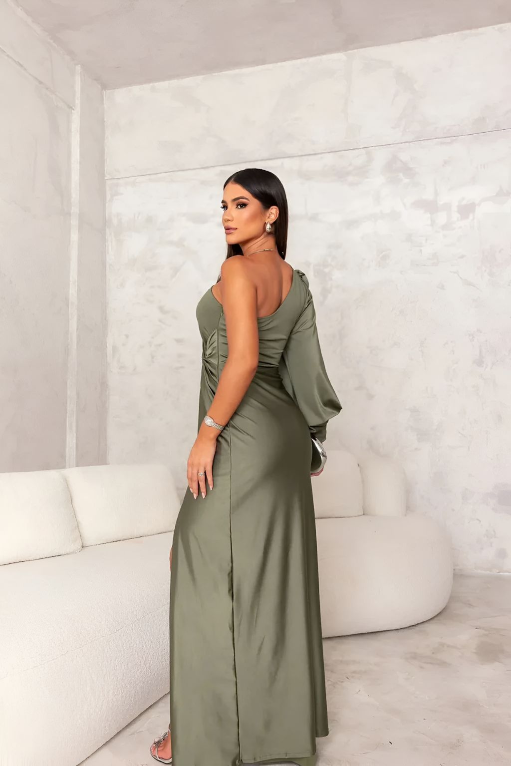 One-Shoulder Satin Evening Gown with High Slit
