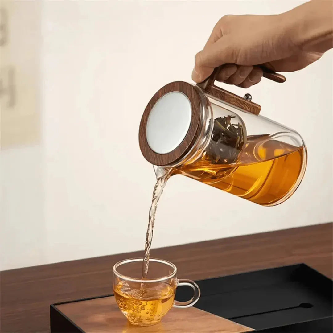 BowLift | Elegant Teapot Made of Glass with Wooden Handle – Transparent Teapot for Tea Enjoyment
