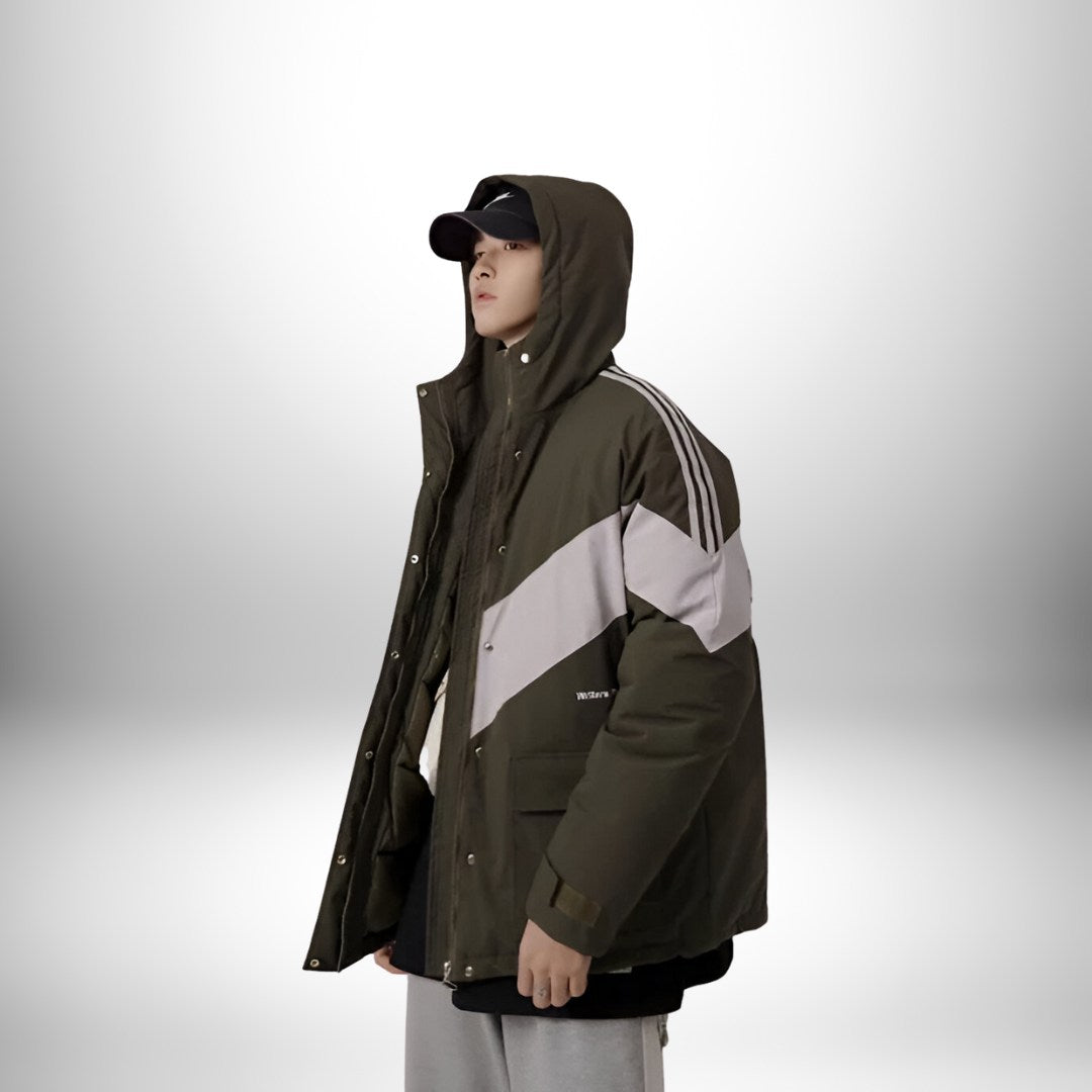 Puffer Jacket with Chevron Pattern and Storm Hood