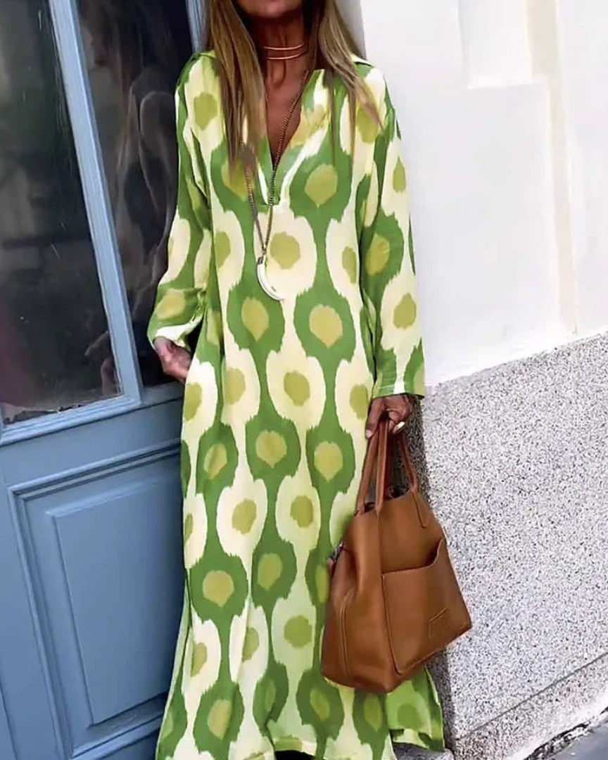 V-Neck Maxi Dress with Abstract Print and Long Sleeves