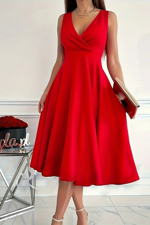 V-Neck Midi Dress with Elegant Fit-and-Flare Silhouette