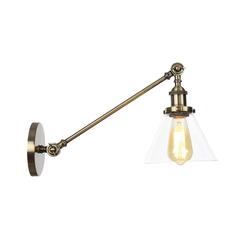 BowLift | Industrial Conical Wall Lamp 1 Light Clear Glass Lighting in Black/Bronze/Brass, 8"/12" L Arm