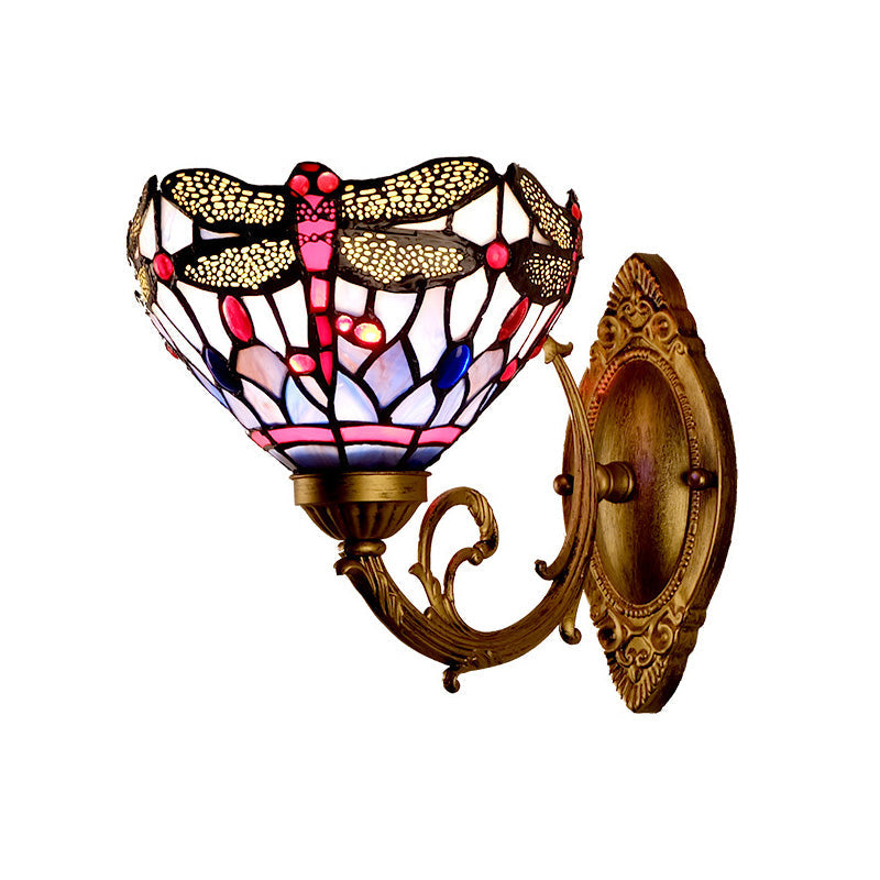 BowLift | Brass Dragonfly Wall Lamp Tiffany 1 Light Hand-Cut Glass Wall Lamp with Curved Arm