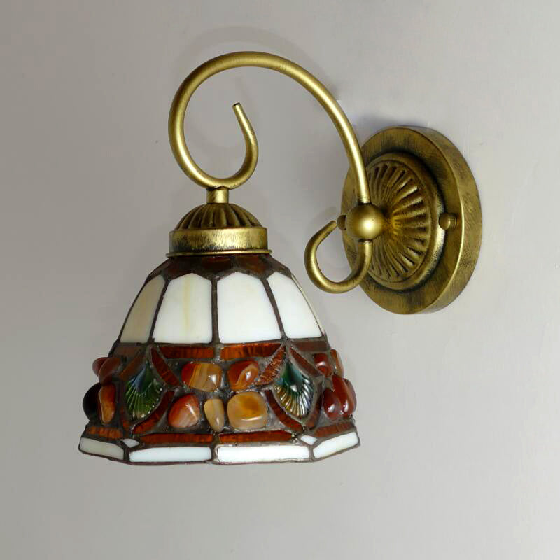 BowLift | Dome Wall Lighting Idea Tiffany Toughened/Beige/Green Toughened Glass 1 Light White/Bronze Wall Lamp With Stone Deco