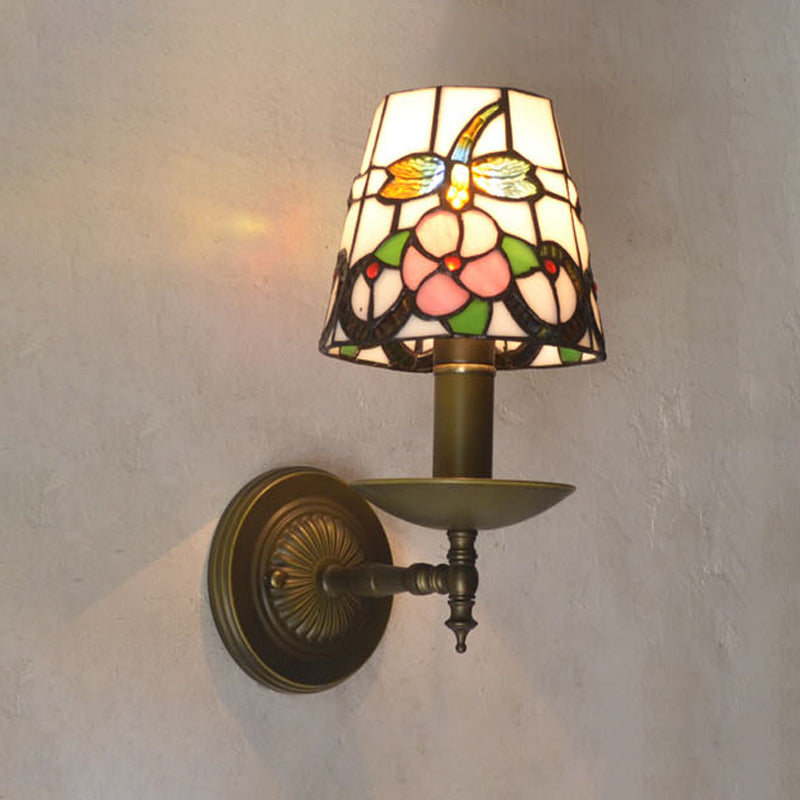 BowLift | Tiffany Grid Patterned Wall Lighting Fixture 1 Light Hand-Cut Glass Wall Lamp in Orange/Blue/Green