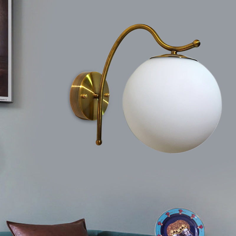 BowLift | Ball Wall Lamp Modern White Glass 1 Head Gold Wall Light with Metal Curved Arm