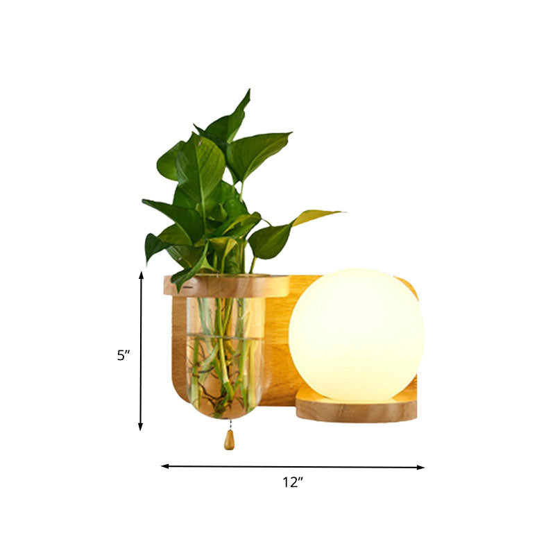BowLift | Ball White Glass Wall Lamp Industry 1 Bulb Bedroom LED Wall Lamp Fixture in Wood, Left/Right