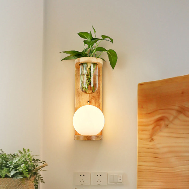 BowLift | Barrel/Globe Opal Glass Up/Down Light Simple 1 Light Living Room LED Wall Mount Lighting in Wood