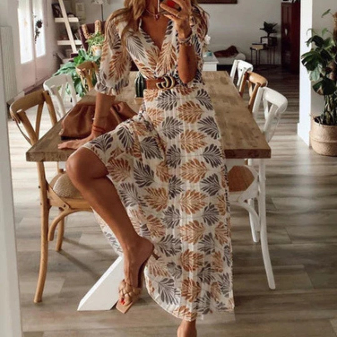 Wrap Maxi Dress with V-Neckline and 3/4 Sleeves