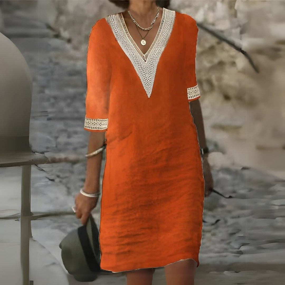 V-Neck Linen Dress with Lace Trim