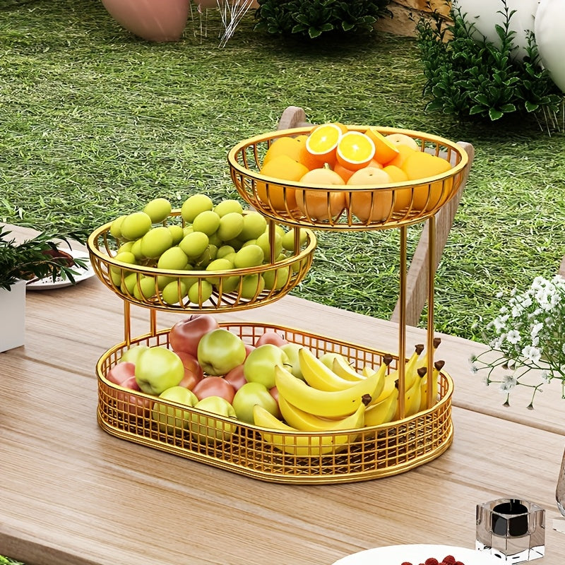 BowLift | Elegant Multi-Tier Metal Fruit Basket - Golden Wire Oval Design | Perfect for Snacks, Cakes & Desserts | Ideal for Easter, Thanksgiving, Christmas Outdoor Celebrations, Outdoor Dining Accessory|Multitier Design|Sturdy Structure, Fruit Decor