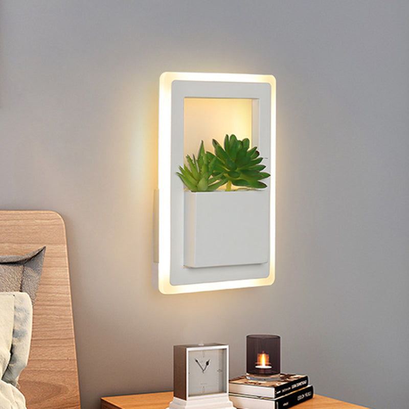 BowLift | White LED Wall Lighting Minimalist Acrylic Rectangles Wall Lamp with Plant Decoration for Bedroom, Warm/White Light