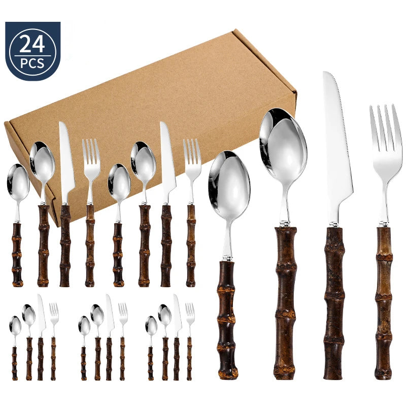 BowLift | Black Bamboo Dinnerware Set - Upscale Stainless Steel Fork and Spoon Tableware