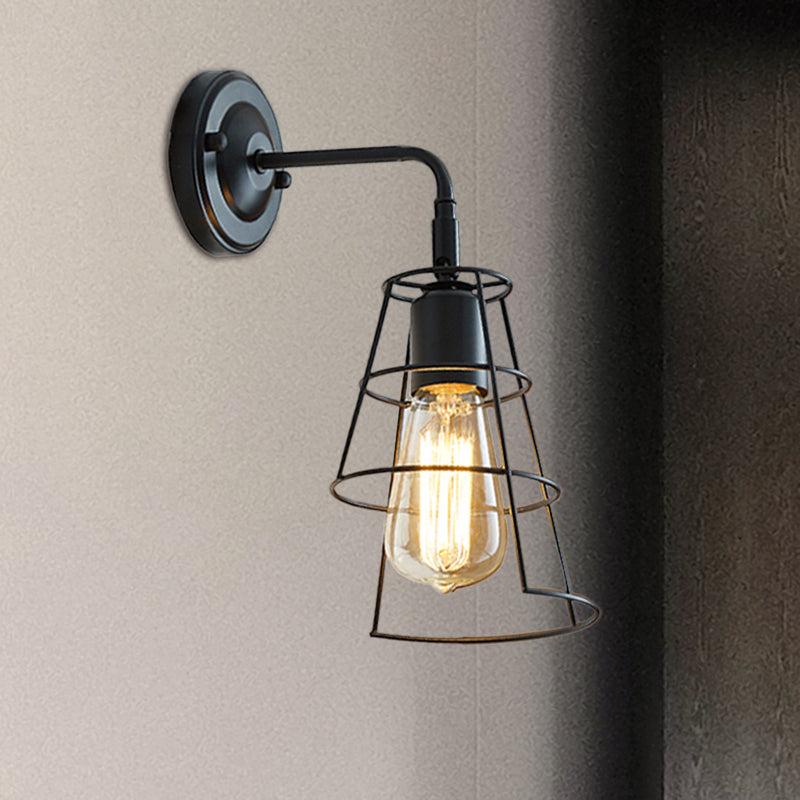 BowLift | Vintage Style Conic Cage Wall Lamp with Curved Arm 1 Light Metal Wall Lamp in Black/White