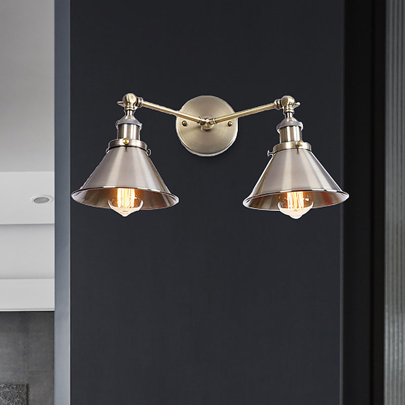 BowLift | Tapered Umbrella Iron Wall Mount Light Industrial Vintage 2 Heads Farmhouse Wall Mount Light in Black/Brass