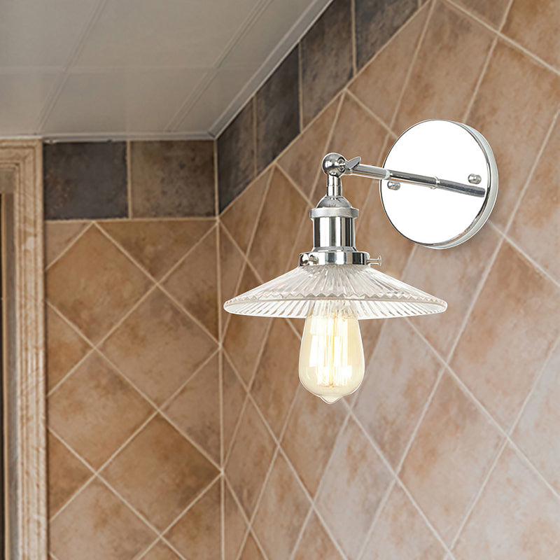 BowLift | Cone-shaped clear prismatic glass wall lamp industrial single bulb bathroom sconce light in chrome