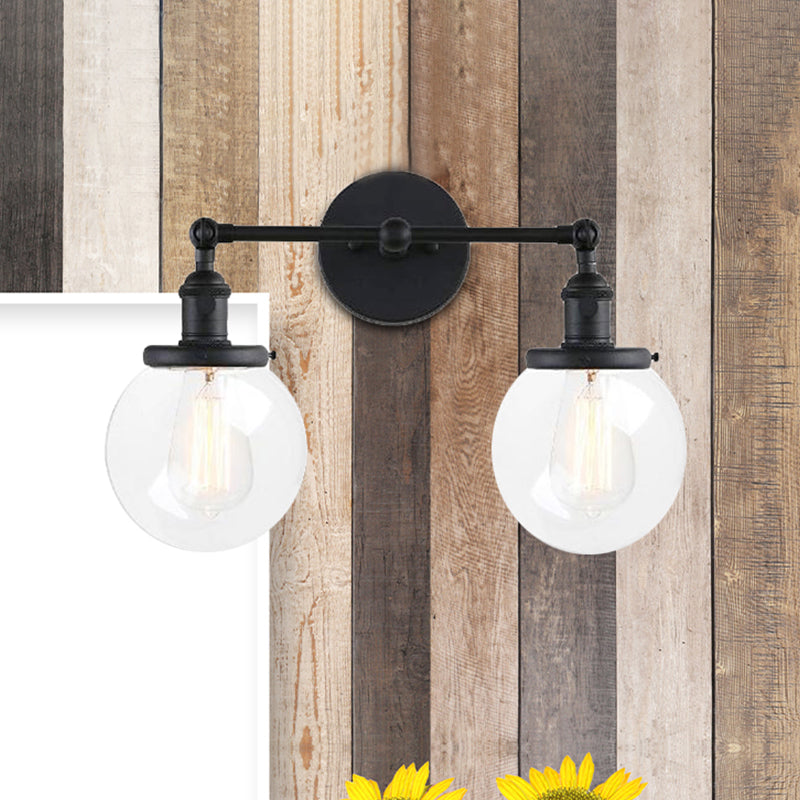 BowLift | Round Living Room Wall Light Industrial Clear Glass 2-Lamp Black/Brass Wall Lamp for the Office