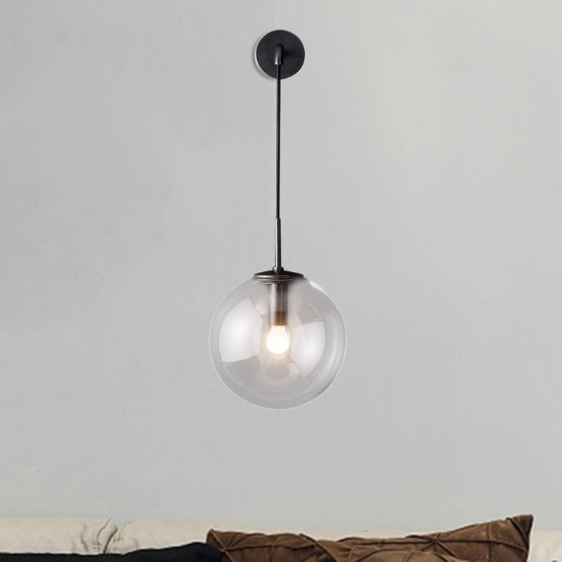BowLift | Round clear glass wall-mounted lamp industrial single bulb bedroom vanity wall light in chrome/brass/black, 6"/8" wide