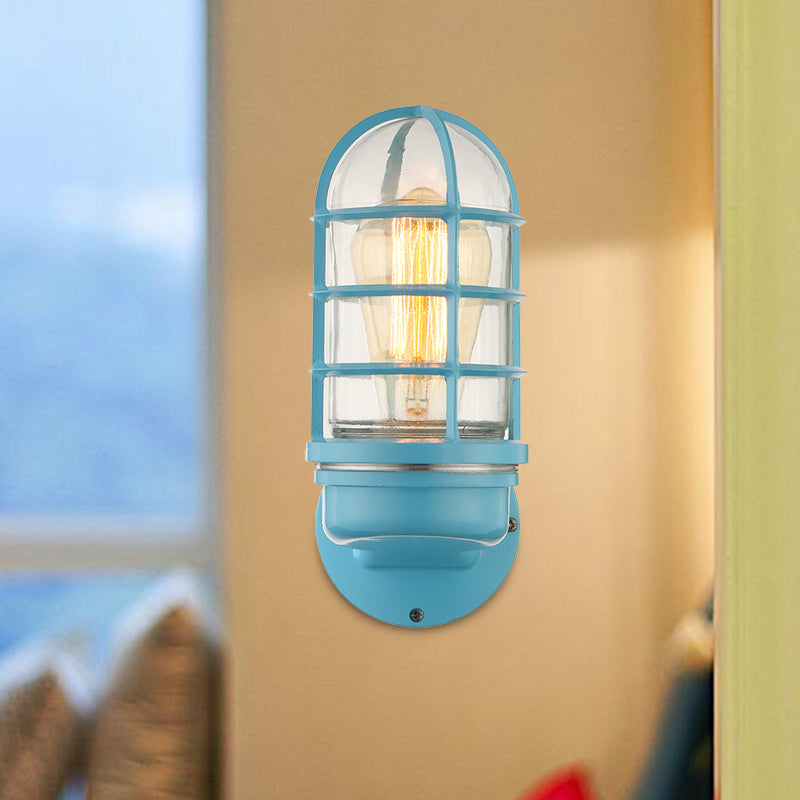 BowLift | Cylinder Clear Glass Wall Mounted Lamp Industrial Single Bulb Living Room Wall Light in Pink/Blue/Green with Cage