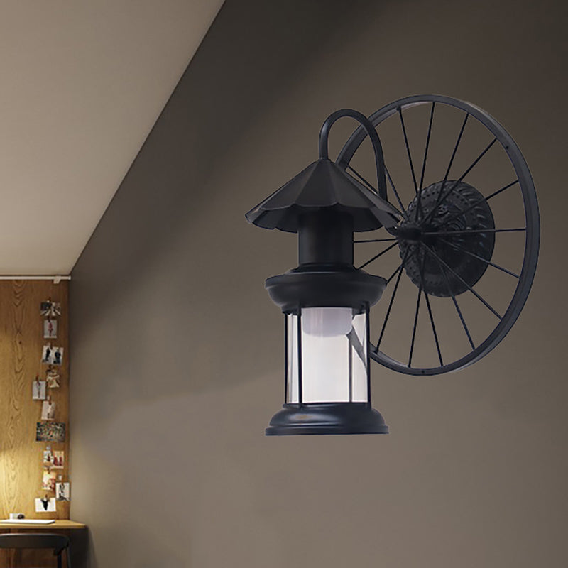 BowLift | Black/Bronze Lantern Wall Lamp Vintage Industrial Metal 1 Lighting Restaurant Wall Lamp with Wheel Decoration