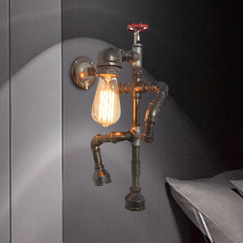 BowLift | Bronze Finish Robot Sconce Light with Expose Bulb and Red Valve Vintage Metallic 1 Head Corridor Wall Lighting