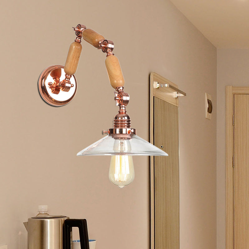 BowLift | Cone-shaped Clear Glass Wall Lamp Vintage Single Bulb Living Room Sconces Light in Rose Gold with Arm