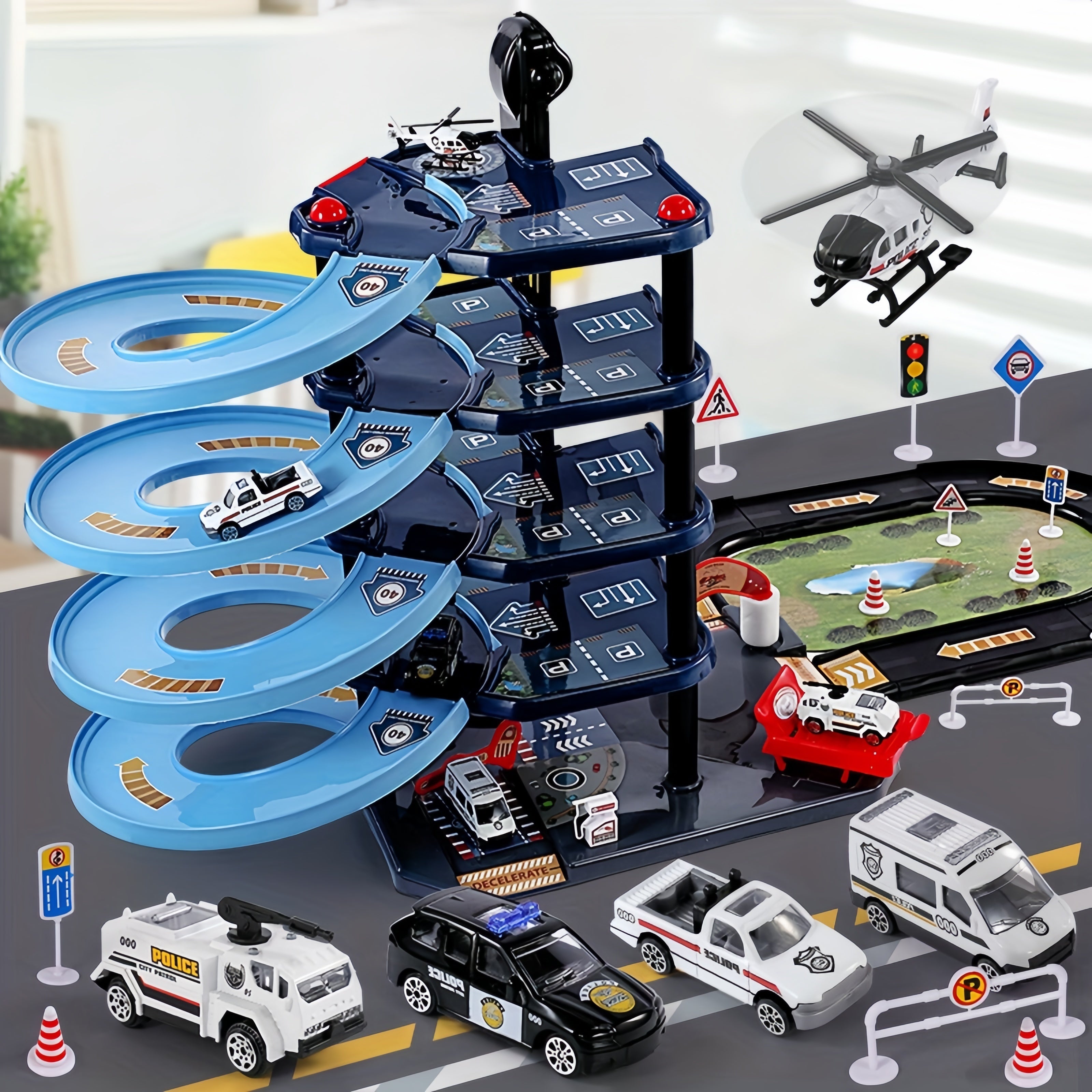 BowLift | FirePark Garage Playset – Multi-Level Fire Station with Fire Trucks & Traffic Signs for Adventurous Kids