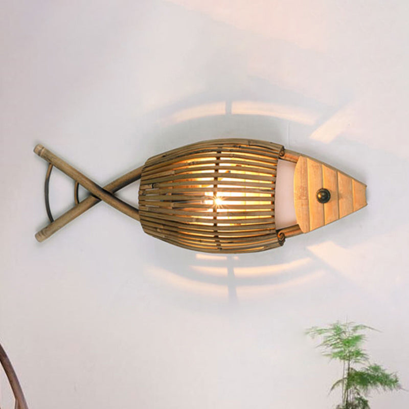 BowLift | Tropical Style Fish Design Wall Mounted Light Bamboo 1-Light Dining Room Wall Lamp Lighting in Wood