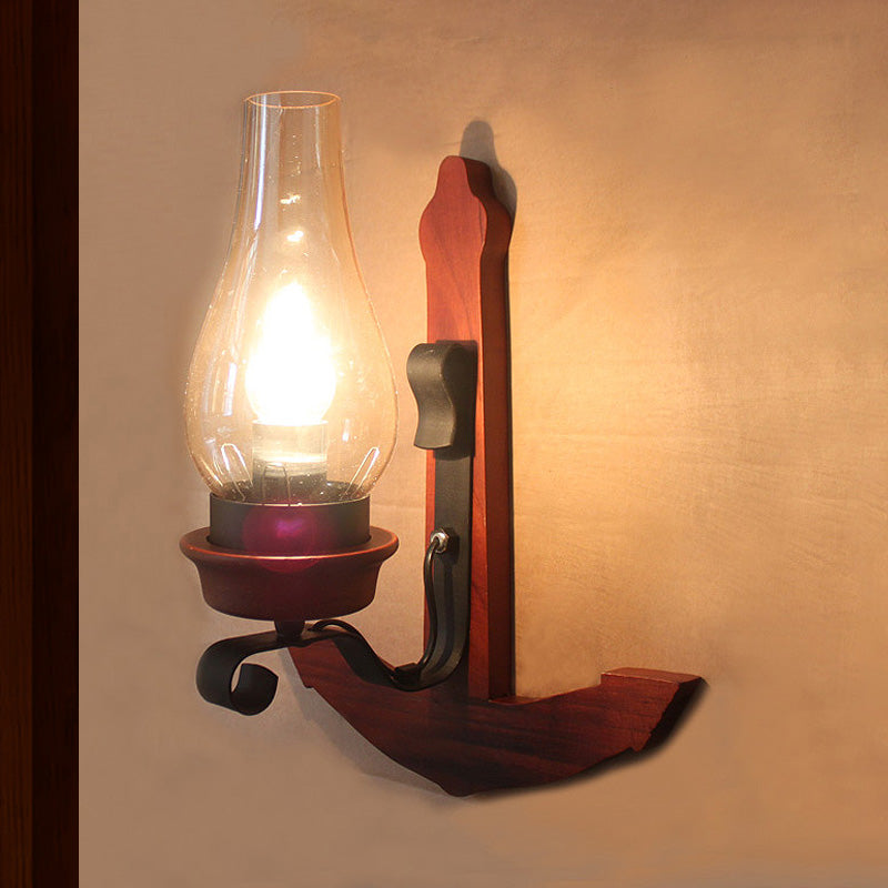 BowLift | Vase Porch Wall Lamp Light Fixture Industrial Clear Glass Red Colored Wall Lamp with Wooden Back Plate