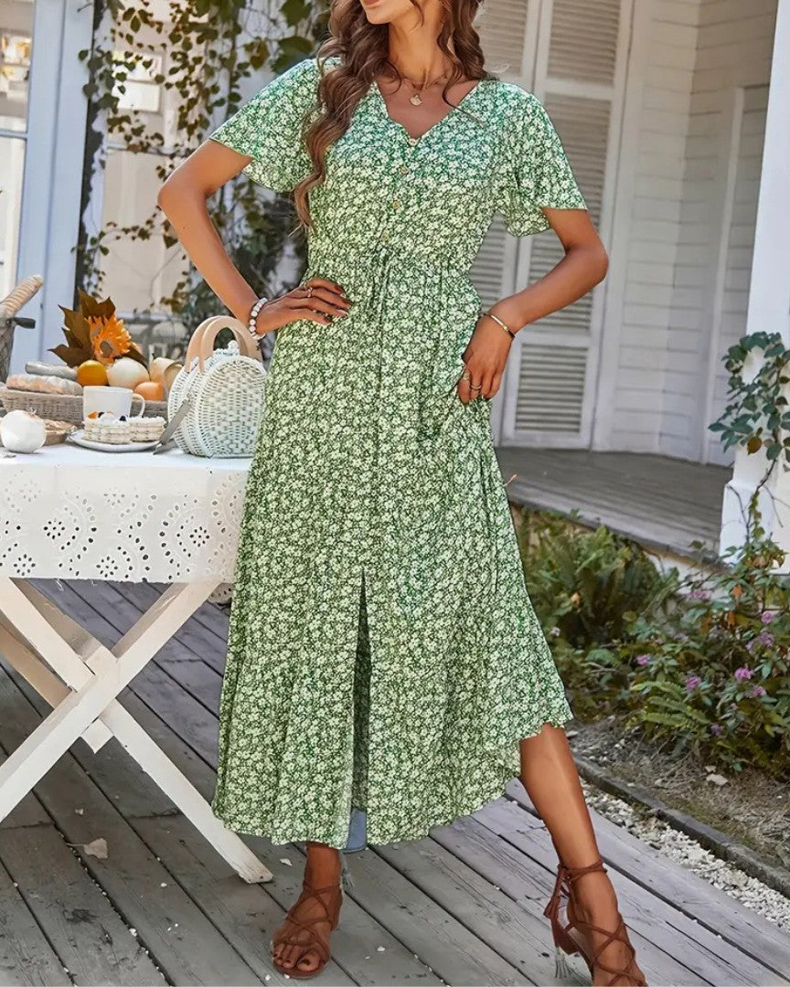 Vintage Floral Midi Dress with Tailored Waist