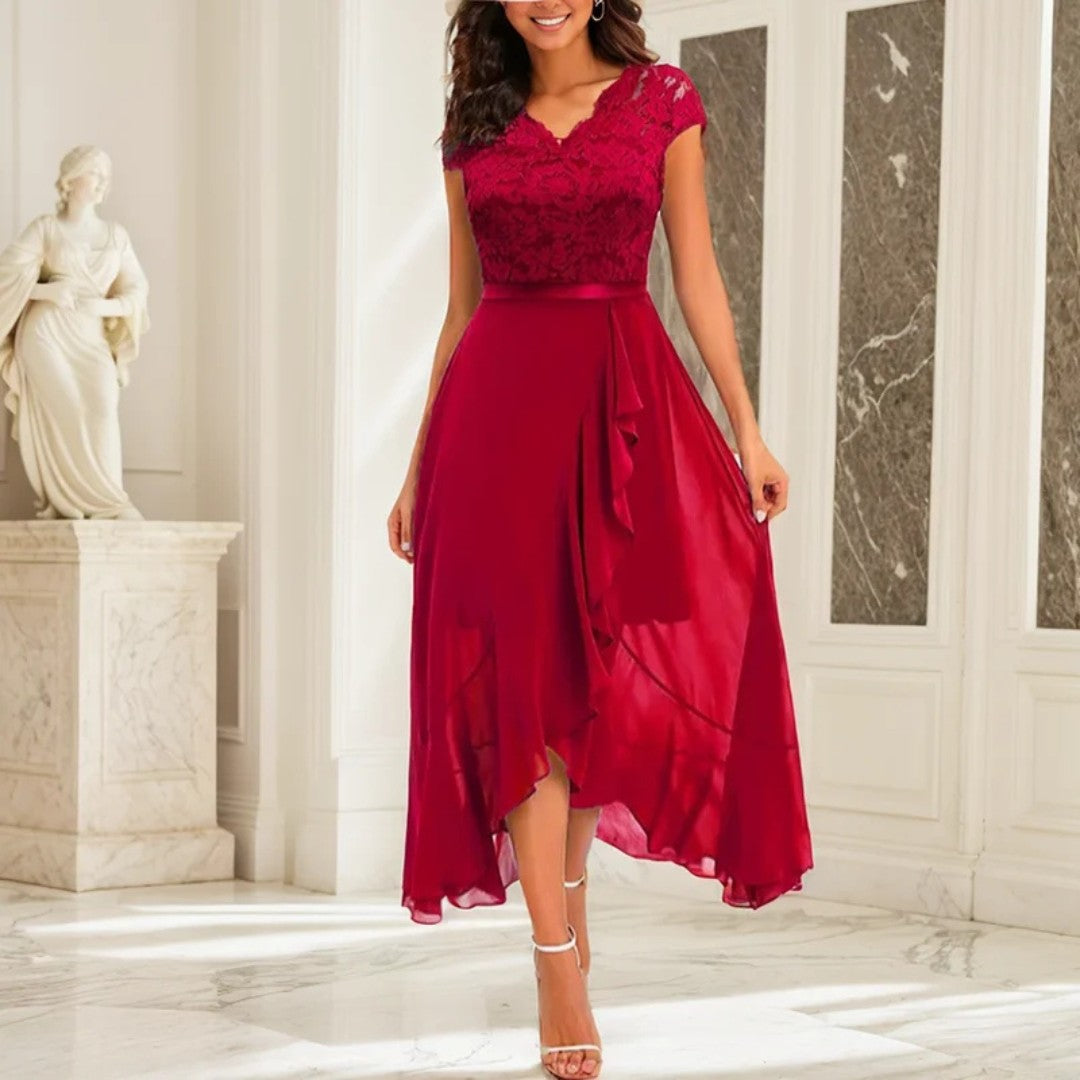 V-Neck Lace Dress with Ruffle Sleeves and Irregular Hem