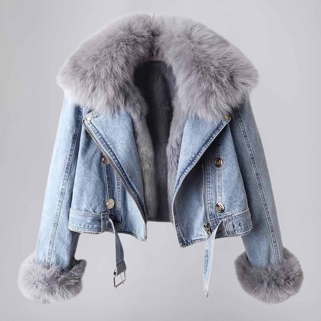 Cropped Denim Jacket with Faux Fur Collar