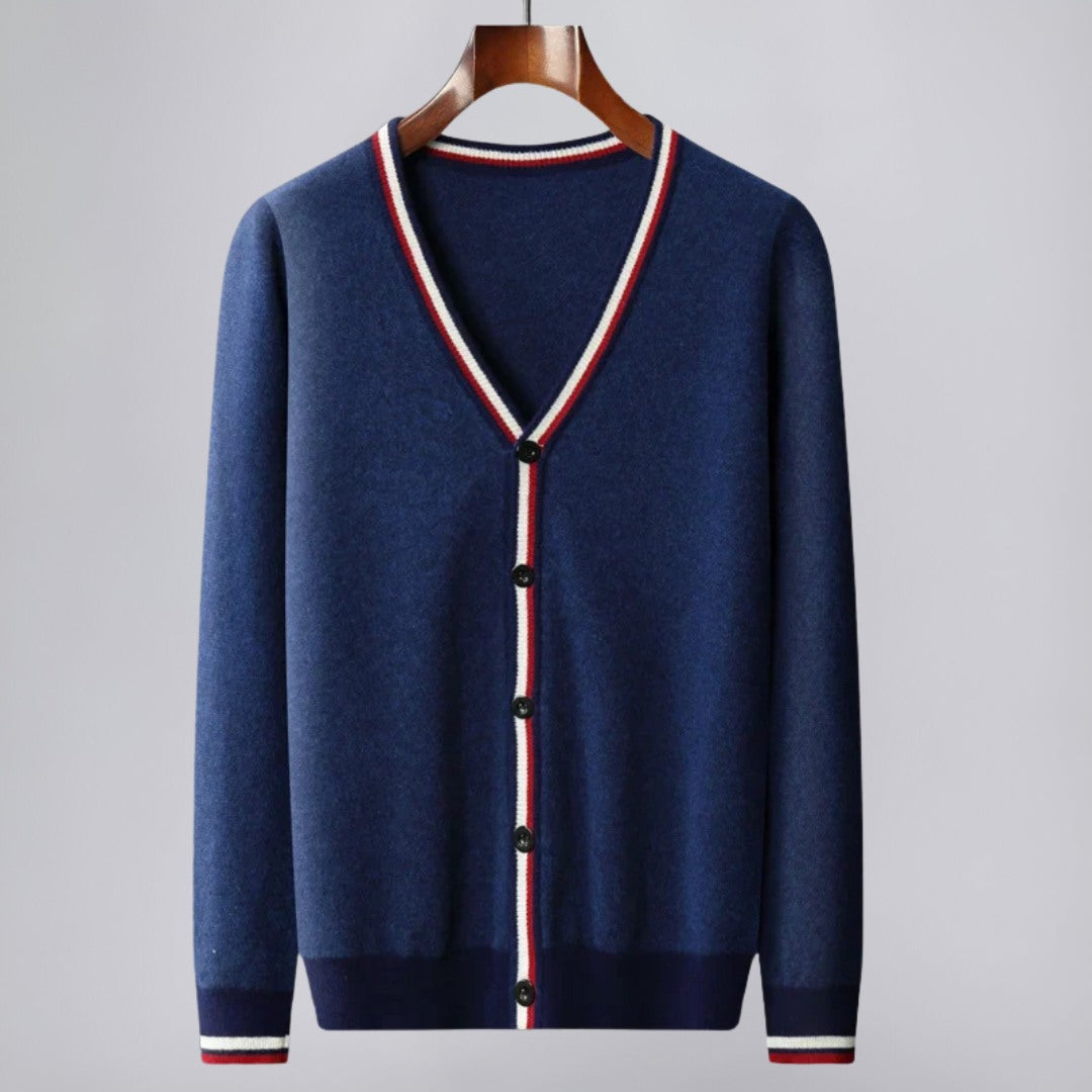 Wool Cardigan with Tricolor Trim