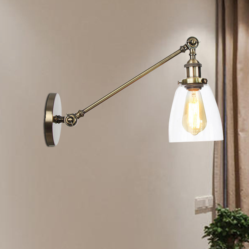 BowLift | Black/Bronze/Brass 1-light Wall Lamp Fixture Industrial Style Clear Glass Cone Light with Arm, 8"/12" L