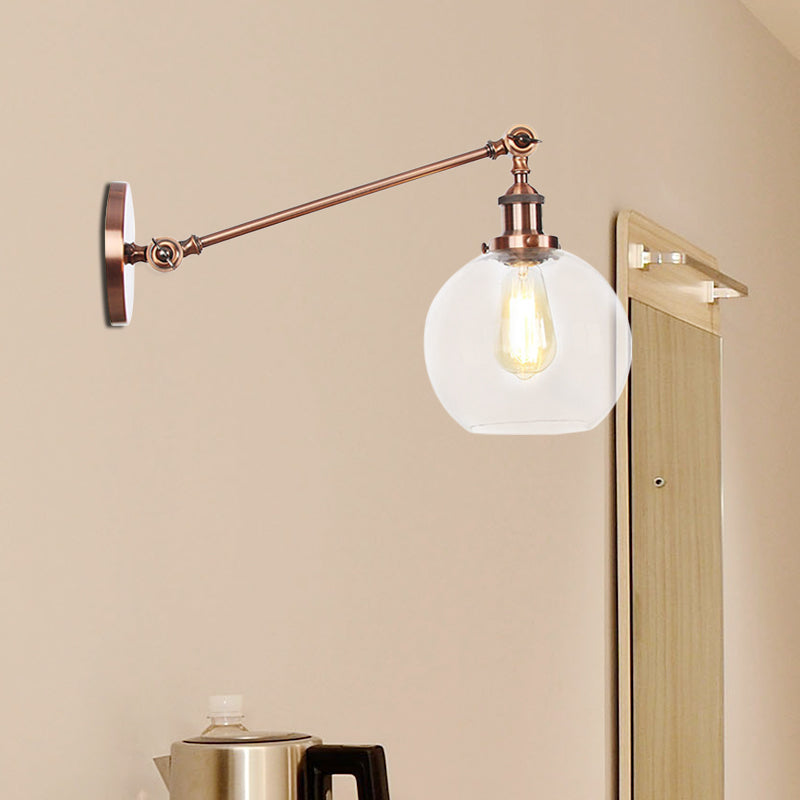 BowLift | Clear Glass Globe Wall Lighting Country House 1 Light Living Room Fixture in Black/ Brass/ Bronze with Arm, 8"/12" L