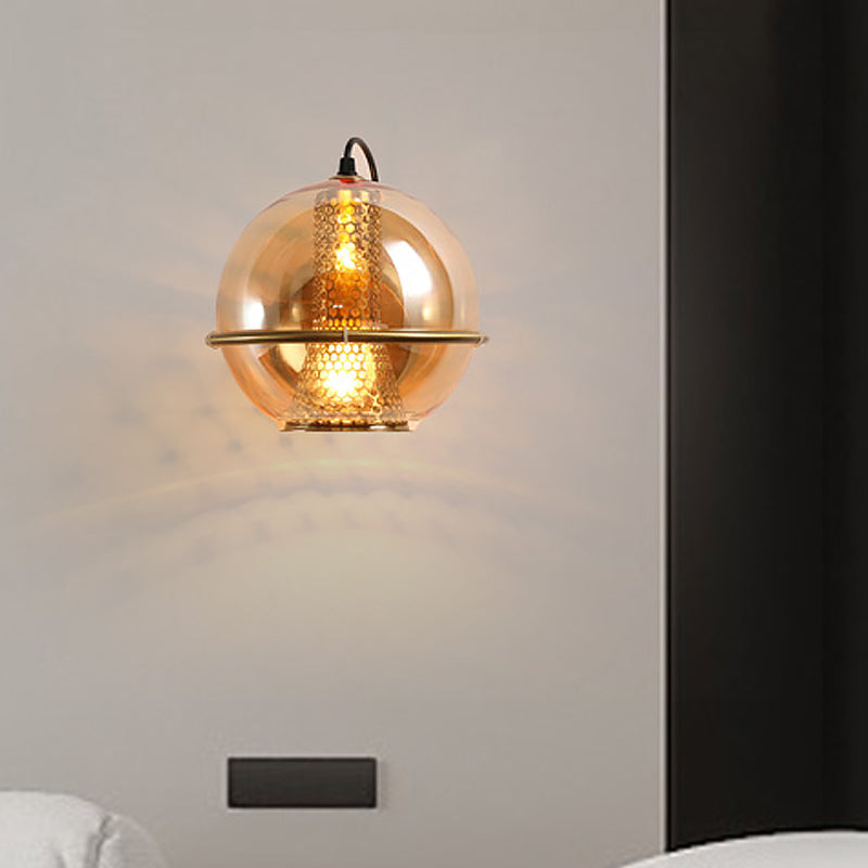 BowLift | Brass Ball Wall Light Post Modern 1-Head Cognac Glass Wall Mounted Light Source for Nightstand