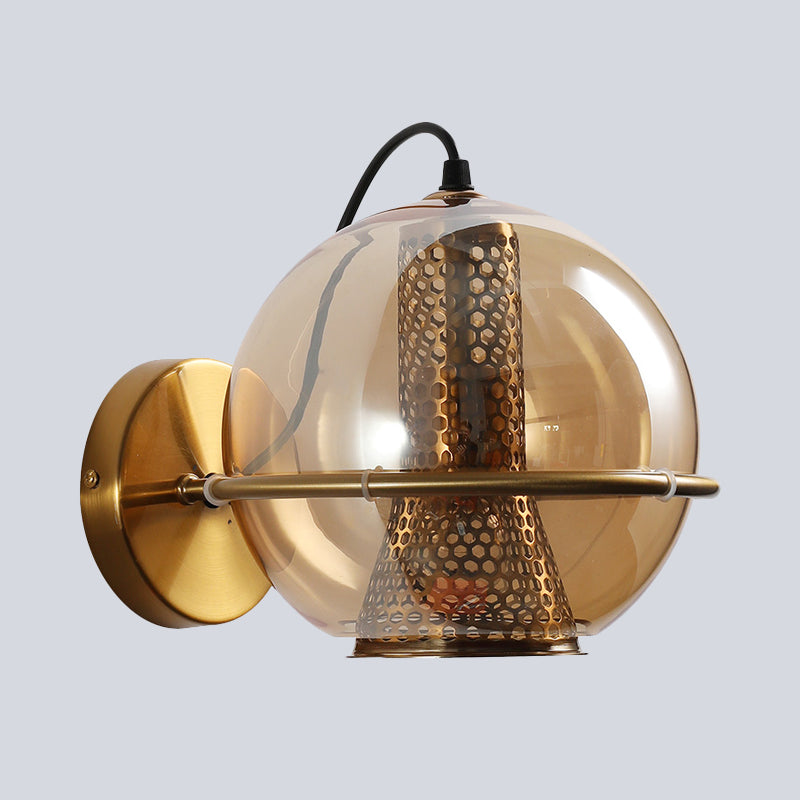 BowLift | Brass Ball Wall Light Post Modern 1-Head Cognac Glass Wall Mounted Light Source for Nightstand
