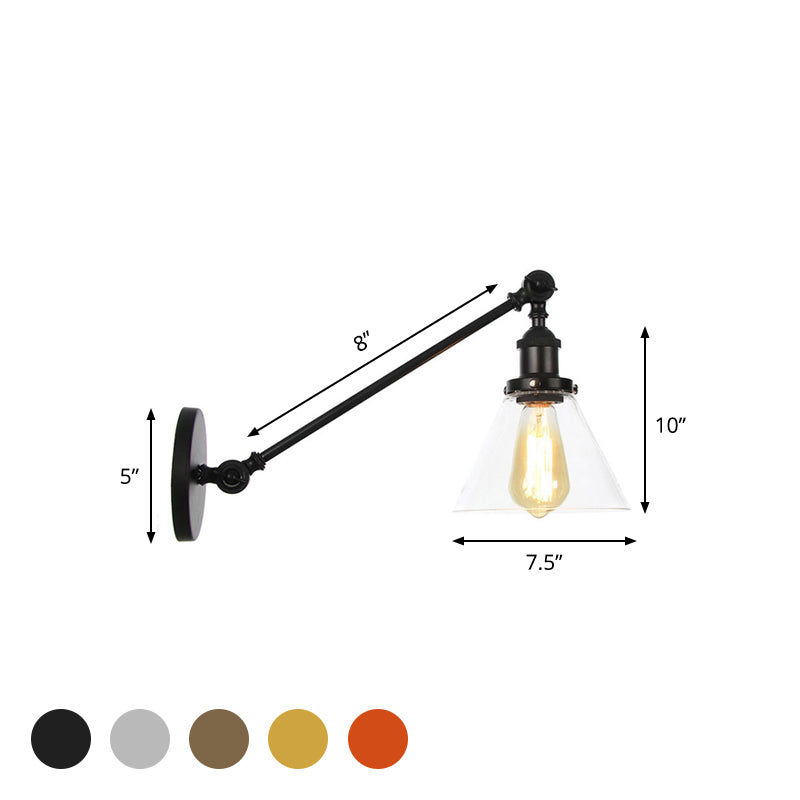 BowLift | Industrial Conical Wall Lamp 1 Light Clear Glass Lighting in Black/Bronze/Brass, 8"/12" L Arm