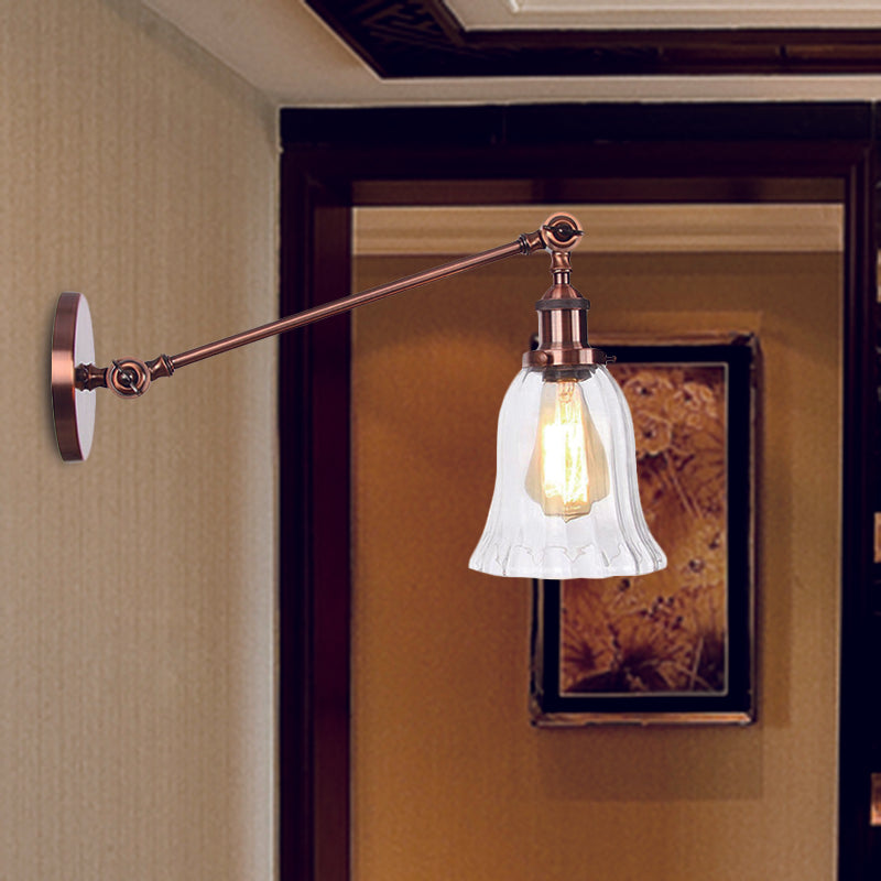 BowLift | Black/Bronze/Brass 1 Light Wall Lighting Unit Vintage Clear Glass Bell Wall Lamp with Arm, 8"/12" Long